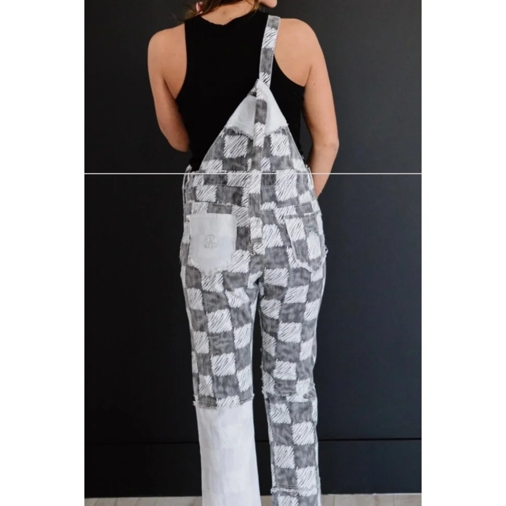 POL Black & White Distressed Patchwork Checker Pattern Overalls - Picture 8 of 9